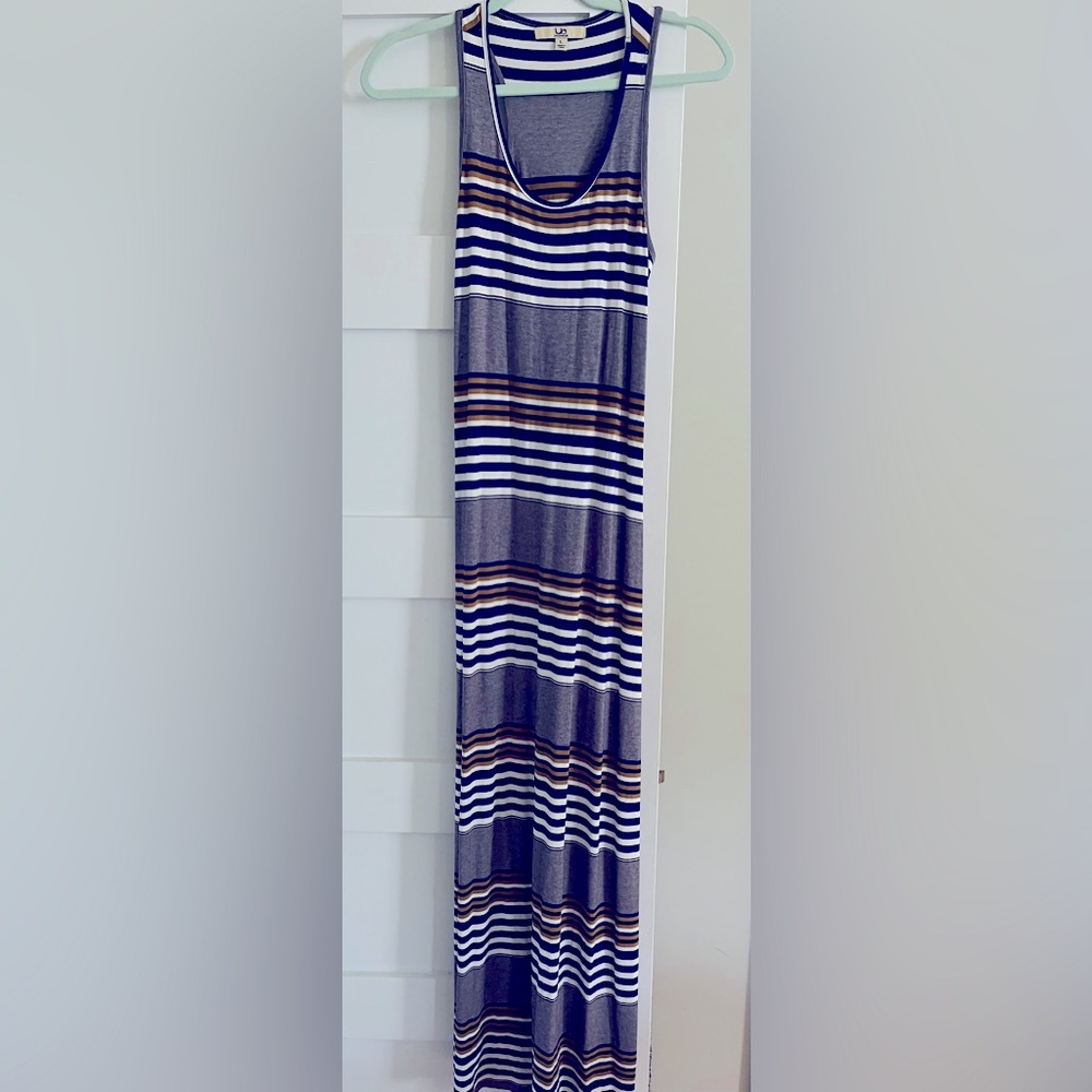 Navy blue, white and beige maxi dress
